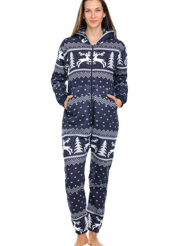 SKYLINEWEARS Women's  Xmas Adult Onesie Hooded Jumpsuit with Kangaroo Pockets & Zipper Pockets Machine Washable Pajama Playsuit