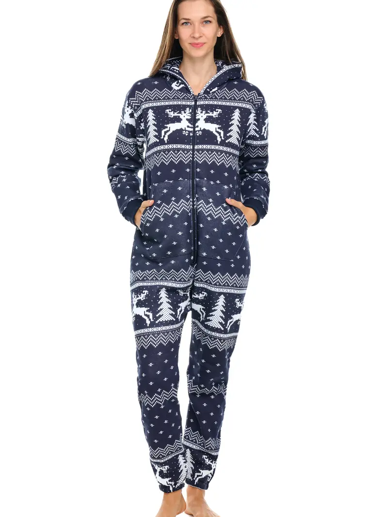 SKYLINEWEARS Women's  Xmas Adult Onesie Hooded Jumpsuit with Kangaroo Pockets & Zipper Pockets Machine Washable Pajama Playsuit