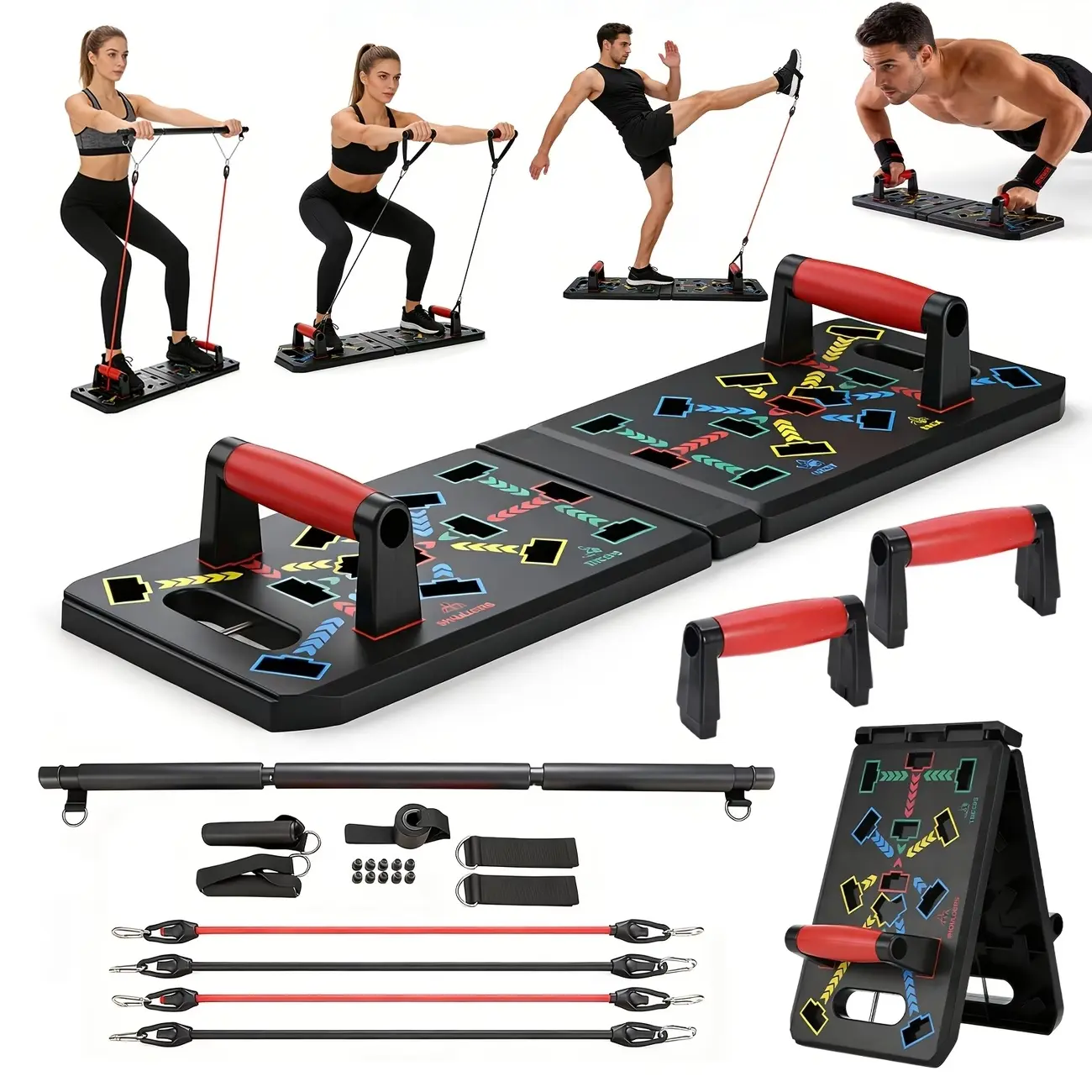 Multifunctional Fitness Equipment Adjustable All-in-1 Home Gym Push-Up Board Set with Pilates Bar, Resistance Bands, Ab Roller, Foldable Portable Rack for Men, Women (Black)