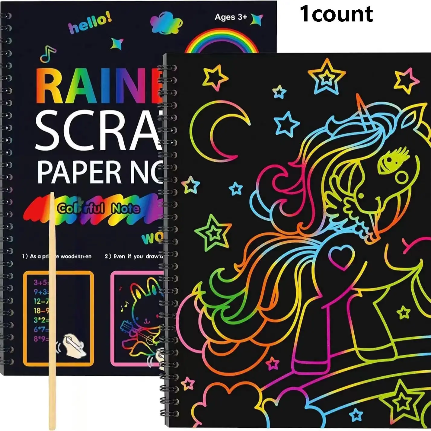 Laser Scratch Note, 1 Set Magic Scratch Paper Art Set, Note Sheet with 1 Count Wooden DIY Stylus & DIY Templates for Party Games Creative Birthday Gif