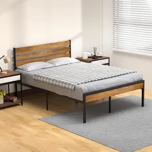 Bed Frame with Rustic Vintage Wood Headboard, Strong Metal Slats Support, No Box Spring Needed
