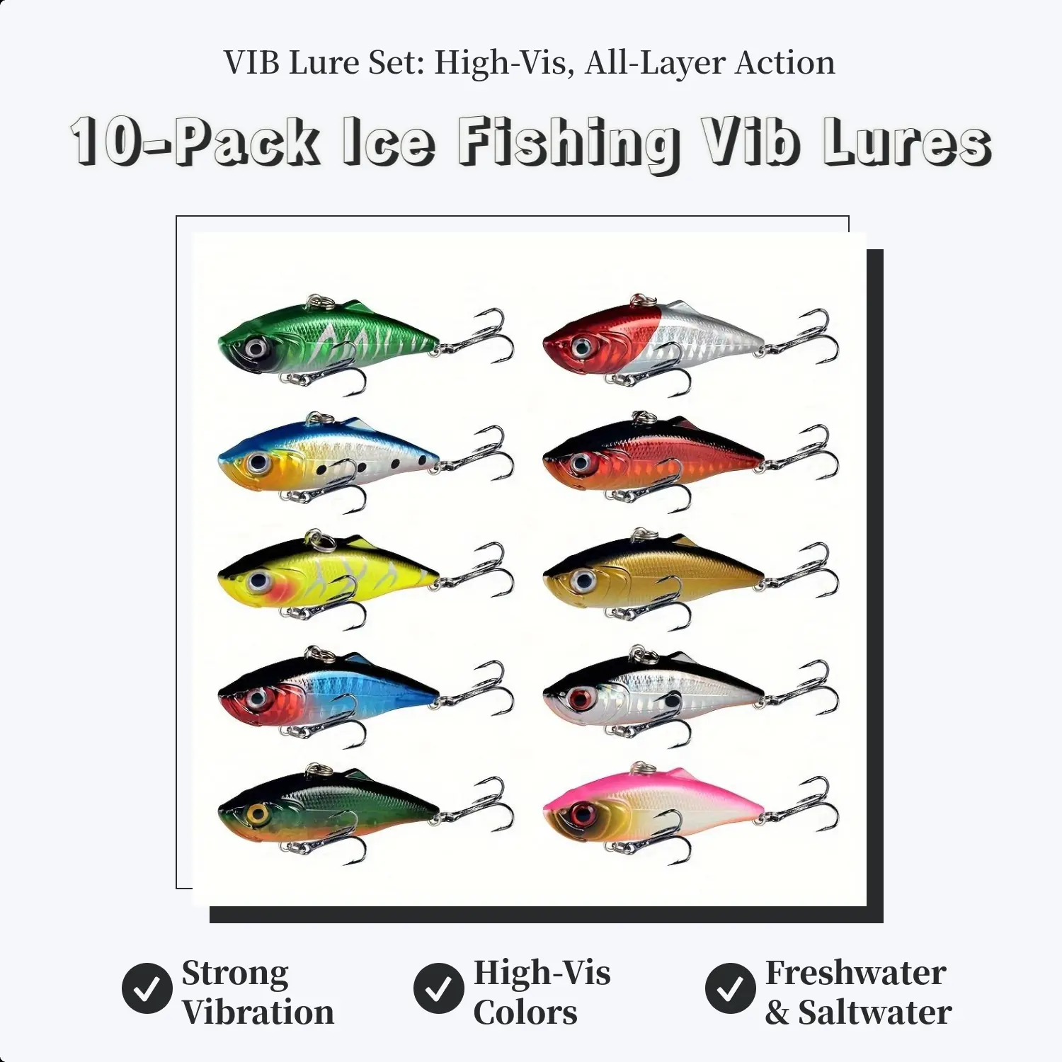 VIB Sinking Lure Set, 10-Pack 2.36In/0.39Oz Hard Baits with High-Vis Colors for Winter Ice Fishing, Freshwater & Saltwater, Lures