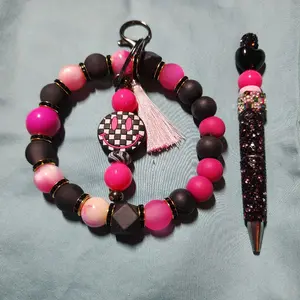 Pink & Black Beaded Bracelet with Checkerboard Charm and Tassel Accessory Set