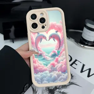 Phone Case Compatible with iPhone 16 15 Pro Max Plus 14 13 12 11 X XR Dreamy Dolphin Love Pattern Rugged Durable Shockproof Anti-Scratch Soft Silicone Case