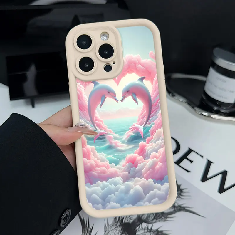 Phone Case Compatible with iPhone 16 15 Pro Max Plus 14 13 12 11 X XR Dreamy Dolphin Love Pattern Rugged Durable Shockproof Anti-Scratch Soft Silicone Case