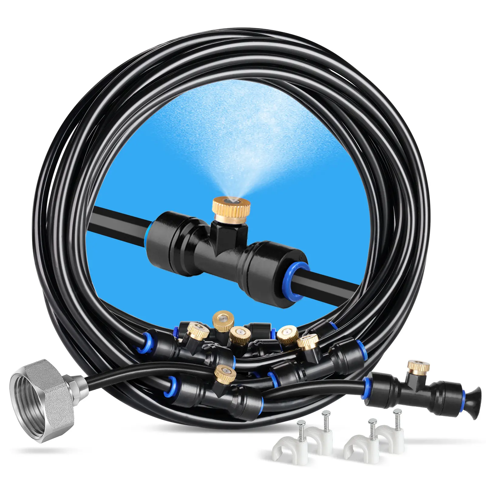 HOMENOTE Misting Cooling System, Pre-Assembled Kit with Brass Nozzles & 3/4" Brass Adapter, Outdoor Mister for Patio Cooling, Garden Greenhouse Watering, Trampoline Waterpark, Sprinklers for Yard, Garden Accessories