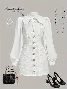 Vintage Cute Plaid Shirt Dress, Bow Tie Dress, New Year Party Gown, Graduation Dress, Long Sleeve, Christmas Party Dress, Formal