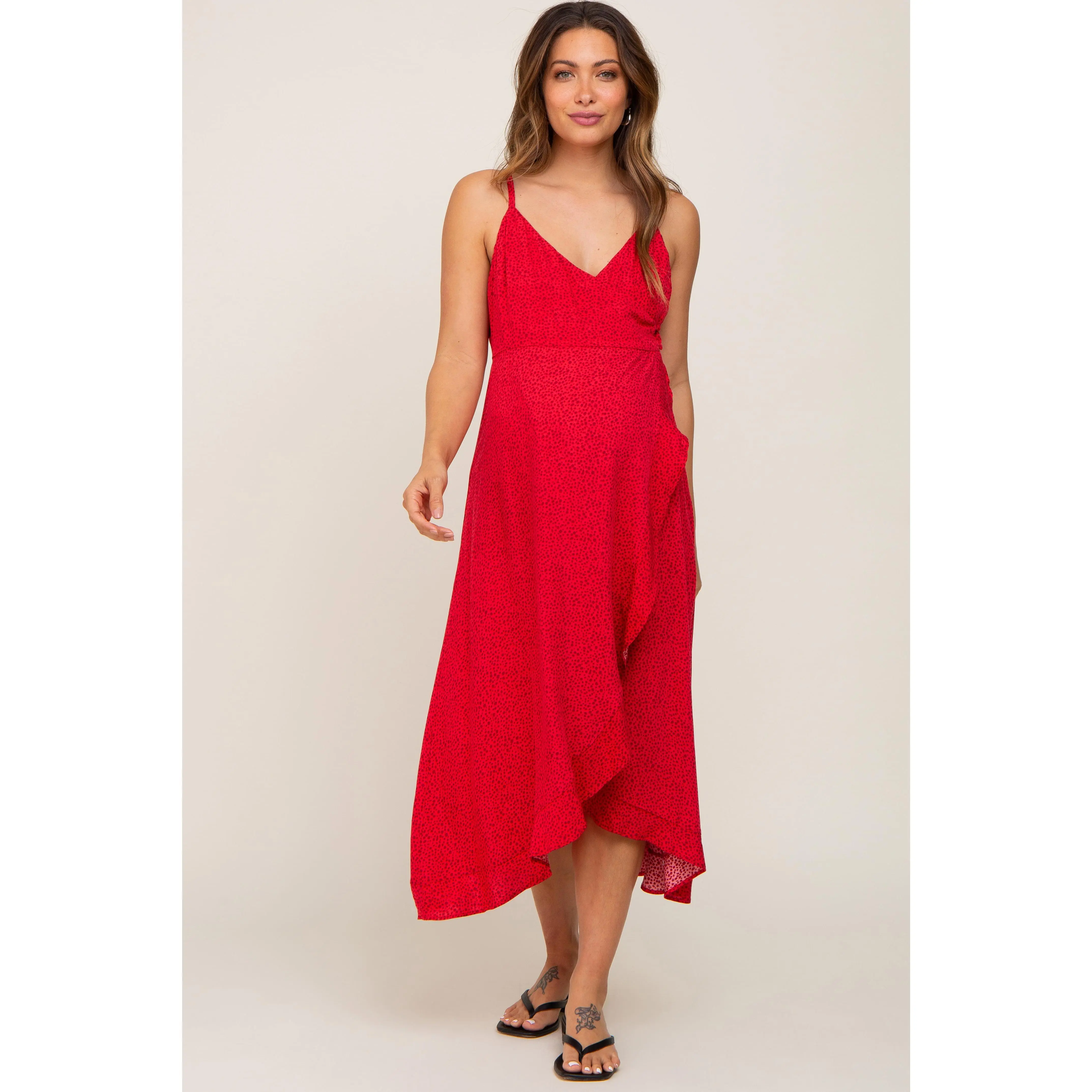 Red Animal Print Wrap Maternity Midi Dress