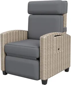 GARVEE Outdoor Recliner Chair with Adjustable Backrest and Footrest, 150° Lay Flat, Rattan Patio Recliner with Air Pump, Flip-Up Table, and Removable Cushion for Comfort