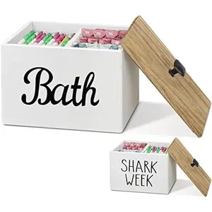 Anwelynd Tampon and Pad Holder Organizer for Bathroom, Bathroom Container with Lid, Bathroom Accessories Organizer Storage Box, Wood 3 Compartments Shark Week Tampon Storage with Removable Dividers