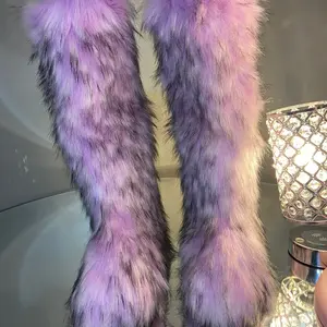 Lavender Custom Faux Fur Knee-boots - Plush Furry Exterior, Warm Faux Fur Lining, Durable Hard Bottom Soles, True to Size Fit, Winter Style - Women, Girl