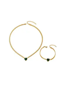 2-Piece Elegant 18K Gold-Plated Stainless Steel Jewelry Set: Heart-Shaped Zircon Necklace & Bracelet Women's Green Emerald-Style Jewelry Set (Heart Necklace & Bracelet)  Ideal for Daily Wear, Parties, and Dates