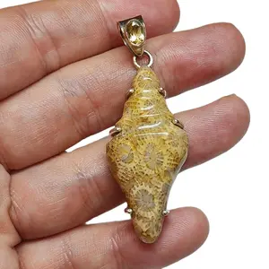 Hand Carved Fossil Coral Sterling Silver Shell necklace, with Citrine