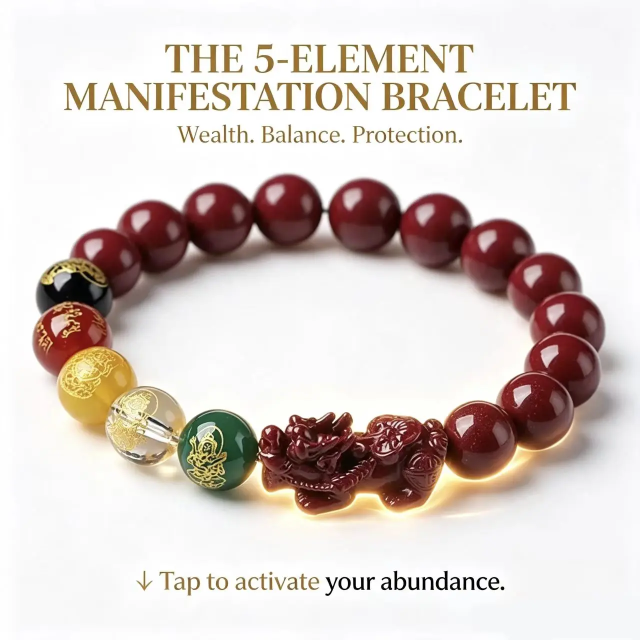 5-Element Pixiu Protection Bracelet - Red Cinnabar Stone Beads with Carved Gold Symbols, Feng Shui Wealth Amulet for Unisex. campingessentials