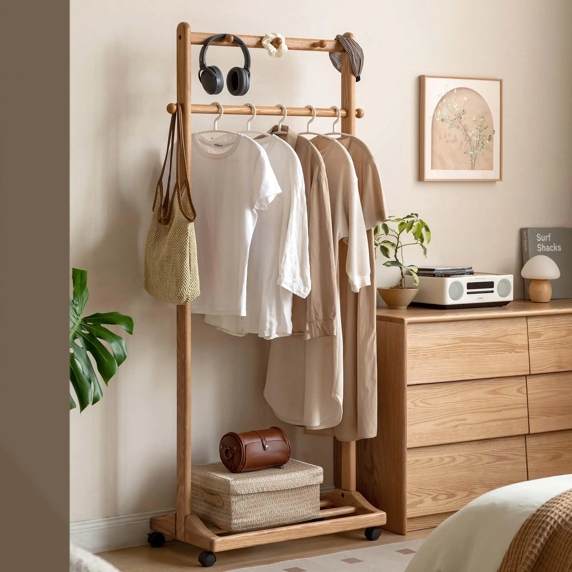 YESWOOD Solid Wood Clothes Rack Minimalist Bedroom Coat Rack Oak Movable Clothes Rack Bedside Clothing Hanger 15.74"D x 27.56"W x 68.11"H