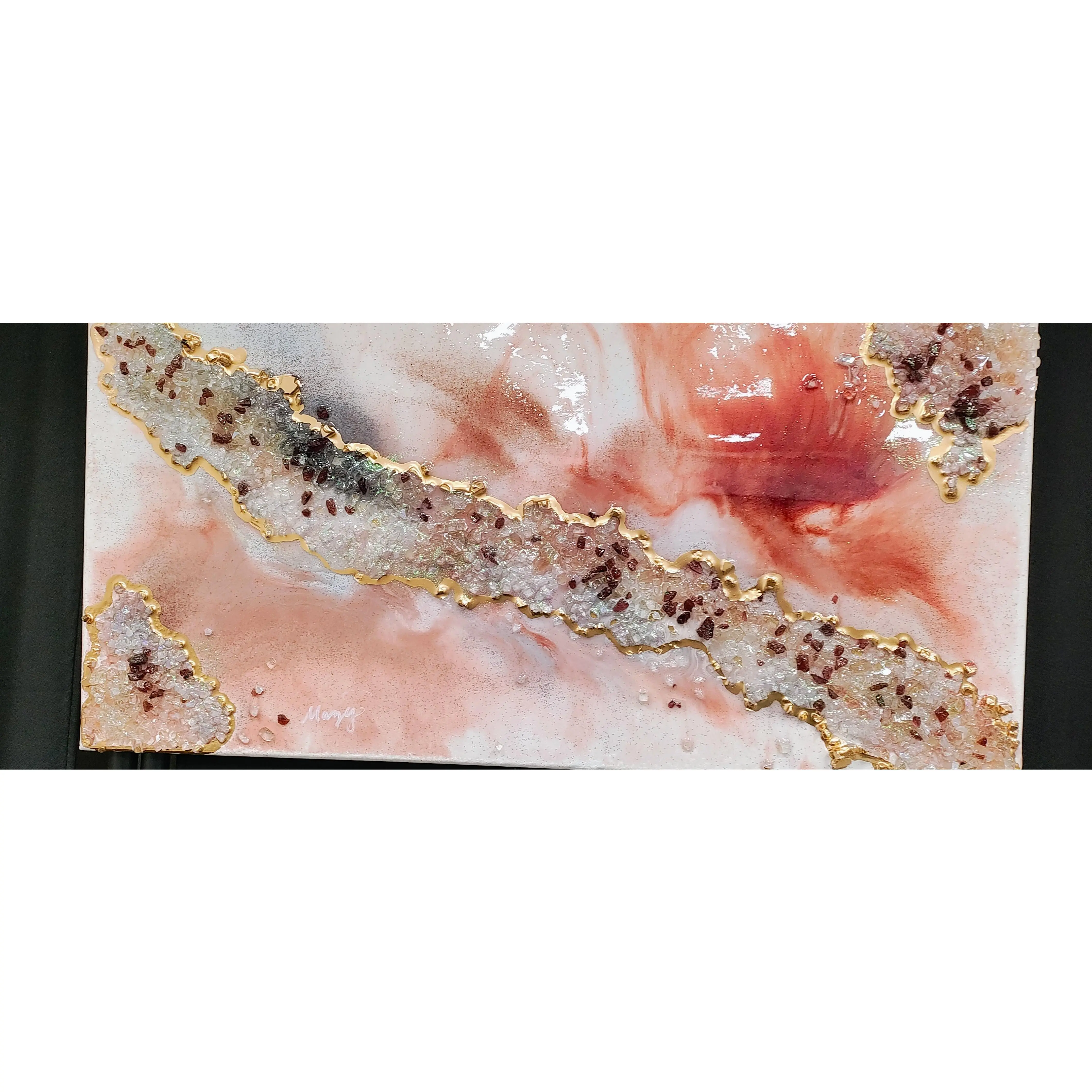"Solar Essence" Crystal & Garnet Energy Art with Sunstone Epoxy mix on 12x24 Canvas