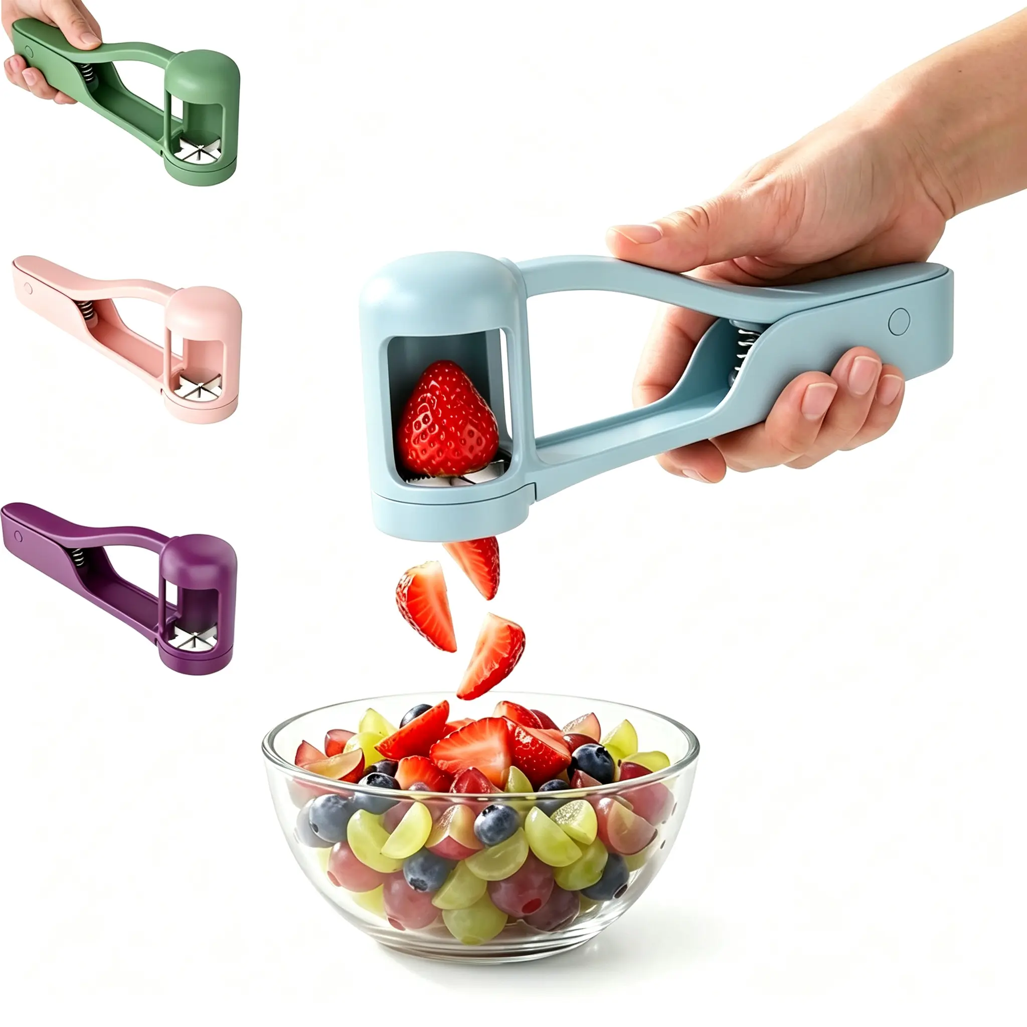 Grape Cutting Tool for Toddlers & Baby - Stainless Steel Grape & Cherry Tomato Slicer for Kids Lunch Box - Portable Small Fruit Quarterer Tool, Prep for Salad & Healthy Snacks(Blue/Pink/Purple/Green)