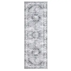 2 x 6 ft Polyester Grey Rectangular Runner Rug, Vintage Floral Medallion Design, Machine Washable, Durable Area Rugs for Laundry & Bathroom, Home Decor Accent, Home Decor Rug