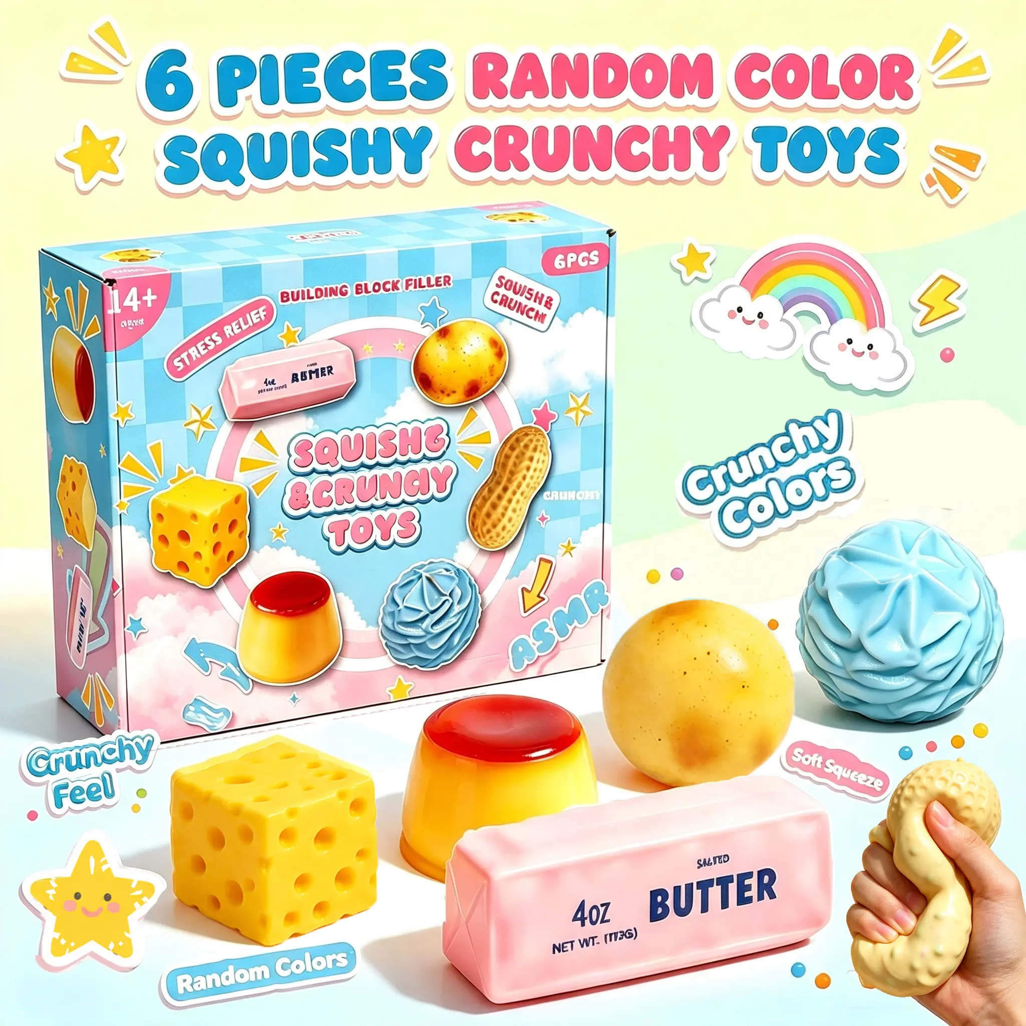 6‑Piece Squishy Crunchy Stress Relief Fidget Toys, ASMR Squeeze Sensory Decompression Toys, Relaxing Unique Stress Ball Party Gifts, Sensory Room Supplies, 6 Different Food‑Shaped Styles, Novelty Holiday Gifts