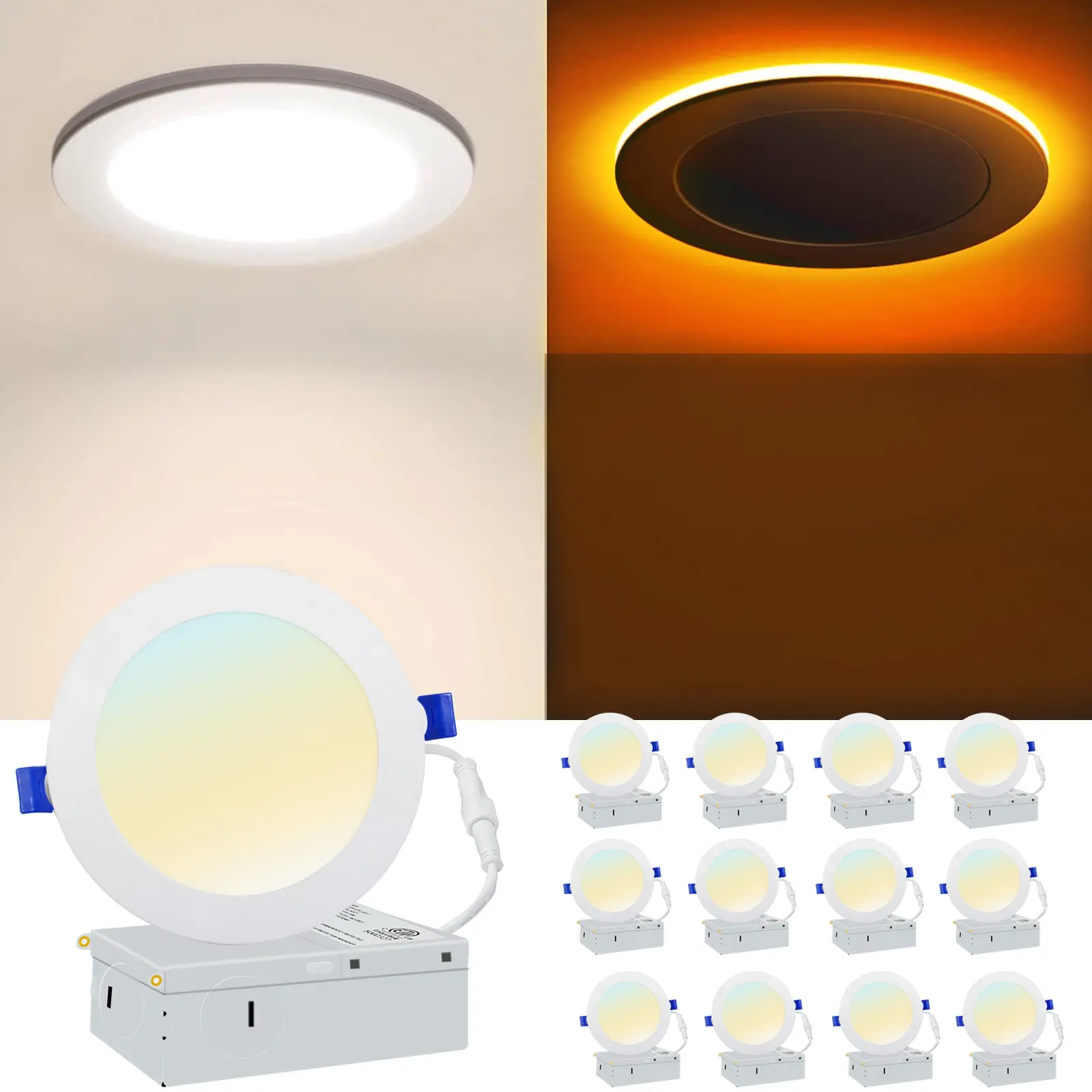 SEURON 12-Pack 4in 5CCT Ultra-Thin 9W LED Recessed Ceiling Lights with Night Light, Junction Box, Adjustable LEDs, Energy-Saving Circular Ceiling-Mounted Bright Indoor Slim Downlights, Bright Recessed Lighting