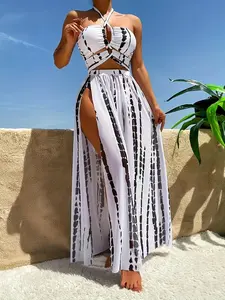 Boho Style Long Dress Bikini Cover-Up Set, Adjustable Straps, Push Up Slim Fit, Sleeveless Split Thigh Design, Summer Beachwear, Swimwear Cover Up