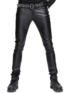 Men`S Punk Gothic Casual Slim Fit Five Pockets Faux Leather Pants Jeans