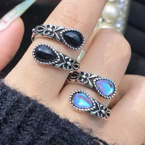 Sicbumi Oval Gem Adjustable Open Ring for Women, Victorian Vintage Bohemian Style, Hypoallergenic Nickel-Free Thumb Ring, Elegant Everyday Daily Wear Jewelry Gift