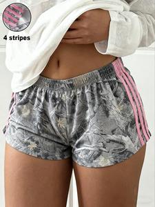 Women's Summer Camo Print Shorts, Casual Loose-Fitting Elastic Waist, Side Striped Design, Outdoor Wear, Daily Use