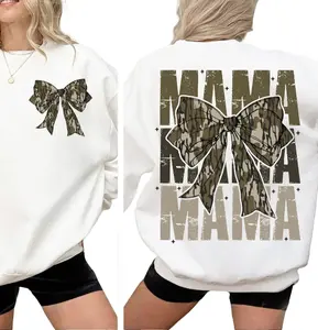 Mama Camo Coquette Bow Oversized Print 2 Sides Sweatshirt, Old School Camo Shirt, Retro Camo Coquette Bow Tee, Camo Womenswear, Mother's Day Gift Printed