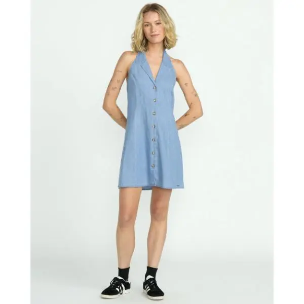 Volcom Women's Saweet Talker Sporty Chic Retro Sleeveless A-Line Casual Dress - Breathable Cotton Denim Fabric, Halter Neck, Button Front, Elastic Flattering Fit, Princess Silhouette, Vintage Flair, XS, Brunch, Going Out