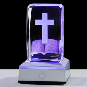 3D Crystal Cross Figurine with Colorful Light Base Laser Engraved Bible Religious Gifts for Women Men Christian Collectible Decoration for Home Office Virgin Mary Crystal Ball Night Light Gifts Boyfriend Father's Day - Blessing Love Symbol Christianity
