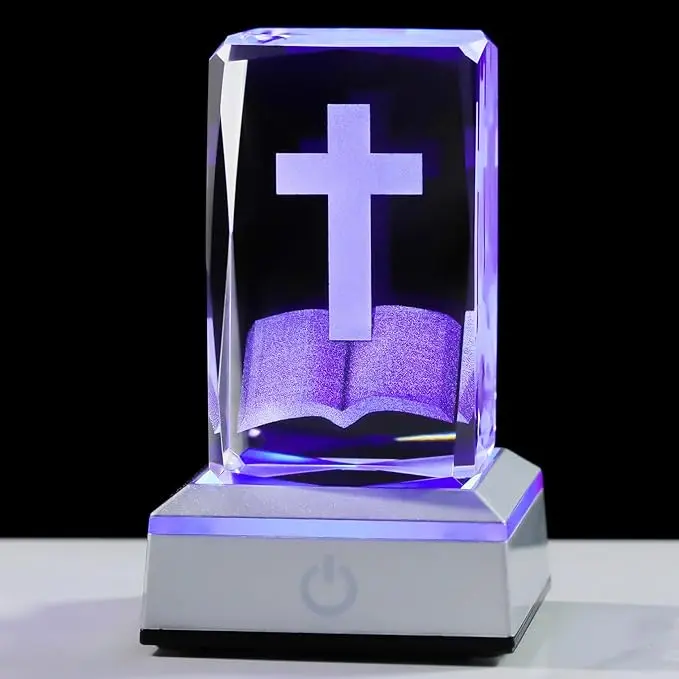 JOOMAPO 3D Crystal Cross Figurine Set - Laser-Engraved Bible with Cross, Colorful LED Artwork Novelty Lighting Base, Christian Home Decoration, Christmas Blessing Religious Gift with Gift Box (Father's Day Symbol),summerwins
