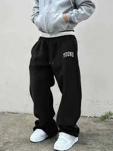 Men's Casual Graphic Print Pants, Fitted Comfortable Sweatpants, Drawstring Wide Leg Fashion, Spring & Fall Wear, Youthful Style