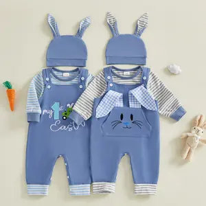 Kupretty 3Pcs Infant Baby Boy My First Easter Outfits Set Long Sleeve Striped Print Romper Tops Suspender Pants and Bunny Ear Hat Clothing Set 0-18 Months