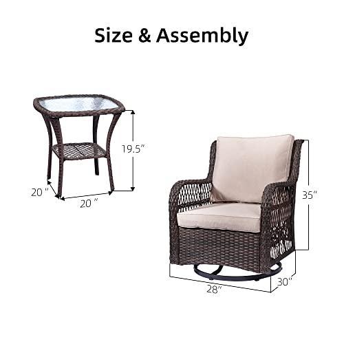 GARVEE 3 Pieces Rattan Swivel Rocking Chair Outdoor, Patio Bistro Conversation Furniture Set, Wicker Chair with Cushions and Table