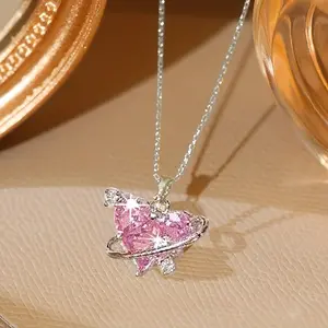 1pc Stainless Steel Heart Pendant Necklace with Shiny Pink Zircon - Ideal for Couples, Weddings, Valentines Day & Holiday Gifts