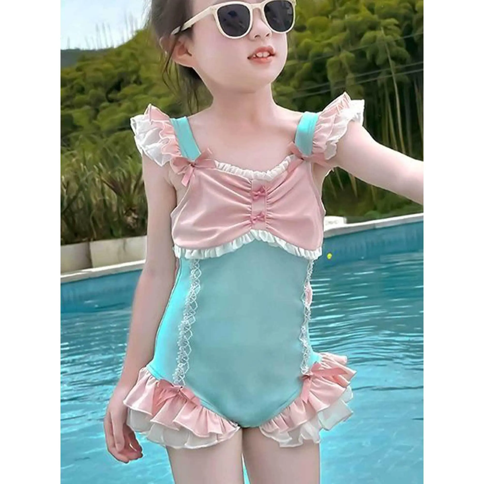 Toddler Girl One Piece Swimsuit Mint Blue Lace-Up Back Big Bow Ruffle Flutter Sleeve Sweet Princess Bathing Suit for Pool Beach # 3-piece suit # Girl Denim Overall Romper
