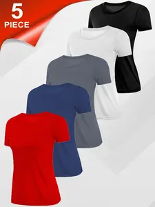 5 Pack Women's Sports T-shirt, Crew Neck Quick Drying Shirt, Breathable Tennis Short Sleeve, Badminton Training Lightweight Top for Fitness, Training, Cycling, Running, Yoga, Outdoor Activities