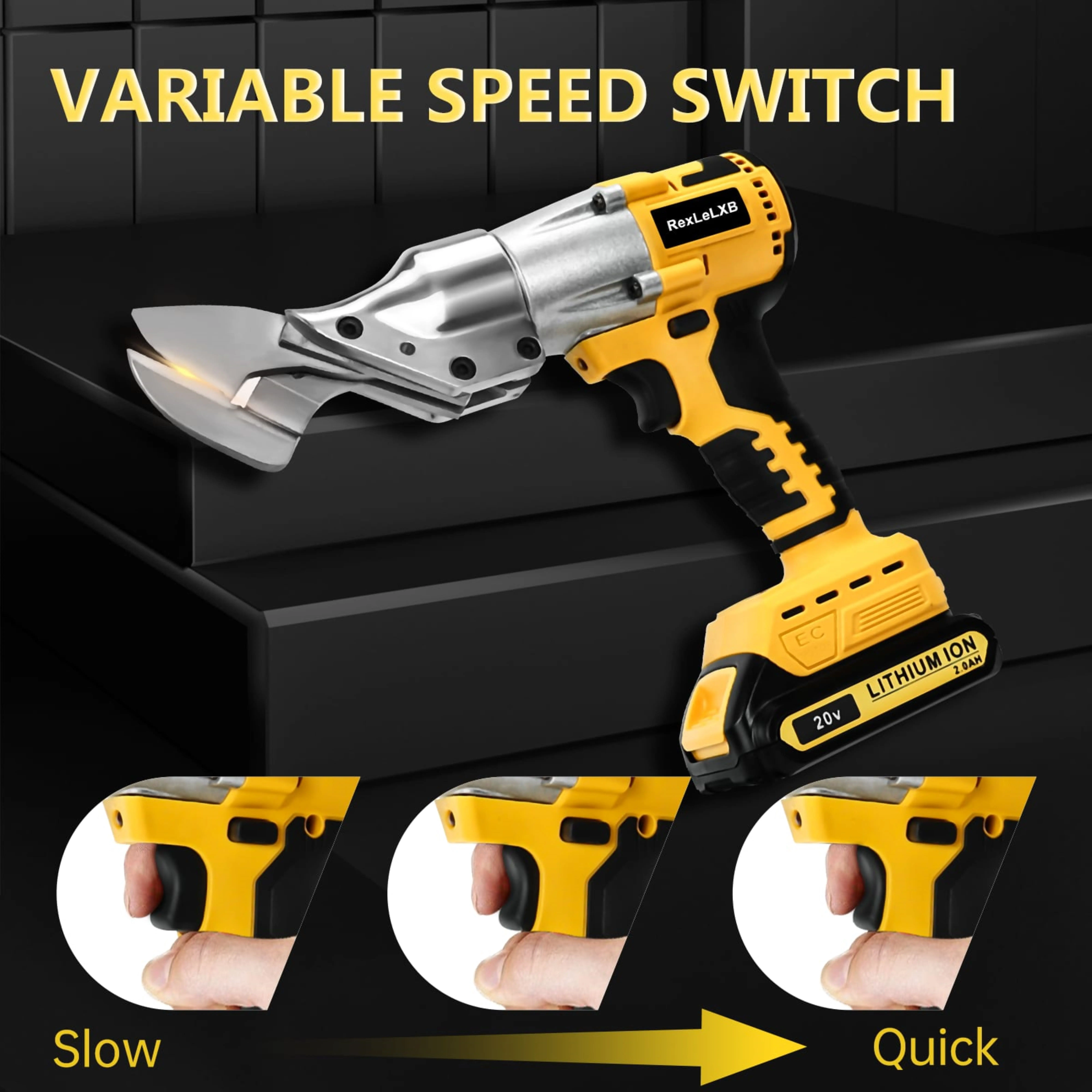 Cordless Electric Metal Shear with 20V Rechargeable Battery, Variable Speed, Steel Blade, Sheet Metal Cutting Tool.