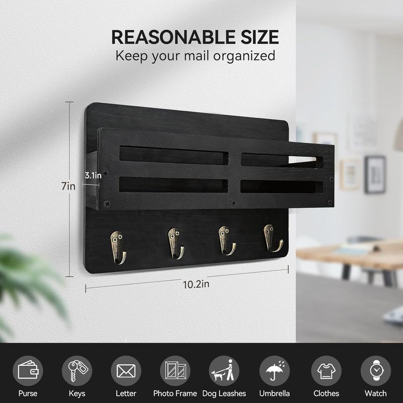 Key Holder Wall Mount, 10 inch Decorative Key and Mail Holder for Wall, with Mail Organizer & 4 Key Hooks, Rustic Wooden Key Rack for Hanging Dog Leash Sunglasses, Entryway Key Hanger, Black