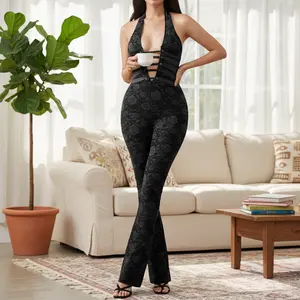 Women Lace Jumpsuits Halter Neck Cross Backless Sleeveless Long Rompers SummerPlaysuits Clubwear