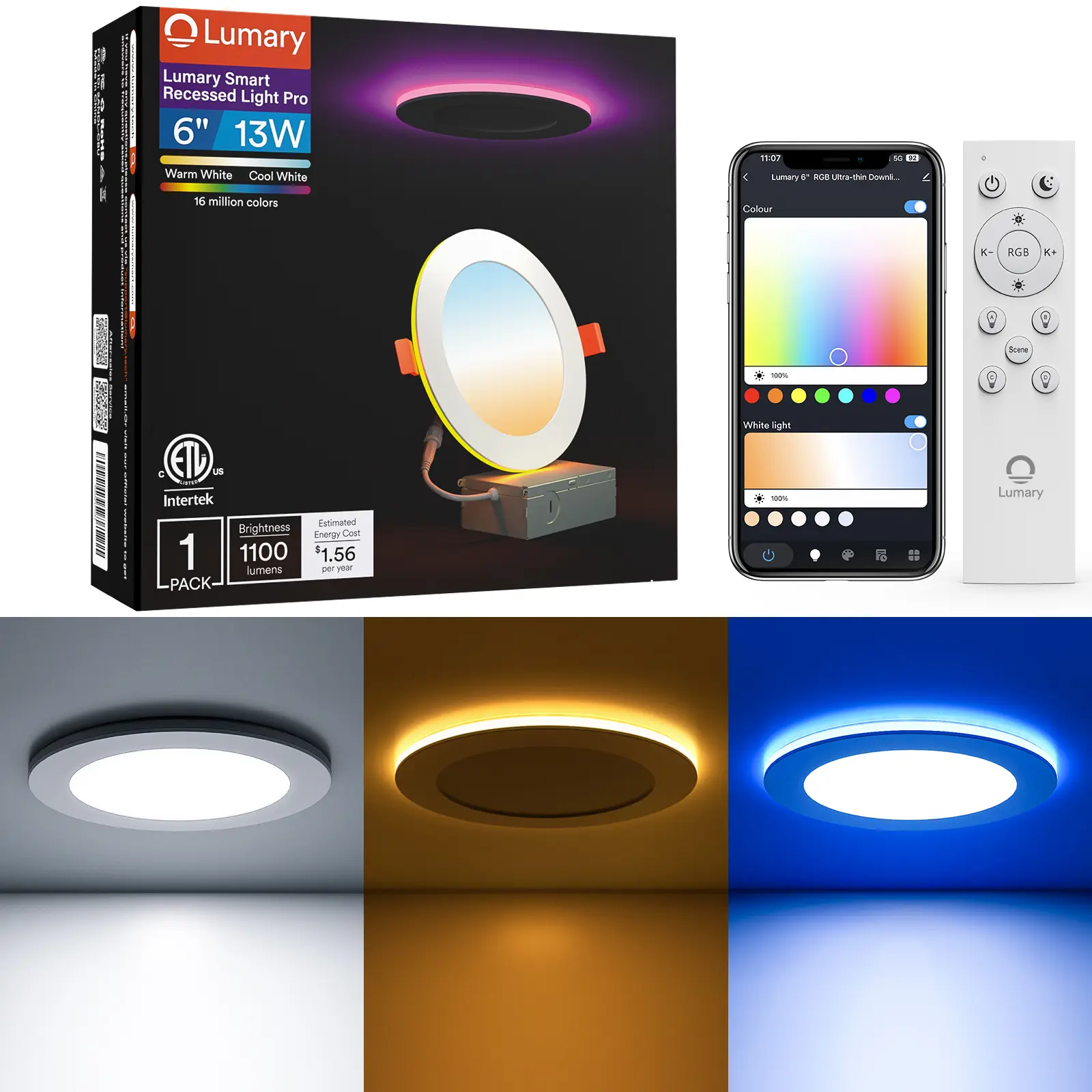 Lumary Smart Wi-Fi Recessed Light Pro, 6 Inch 13W 1100LM Canless LED Downlight with RGB Night Light, including J-Box Work with Alexa/Google Assistant Lamp Home