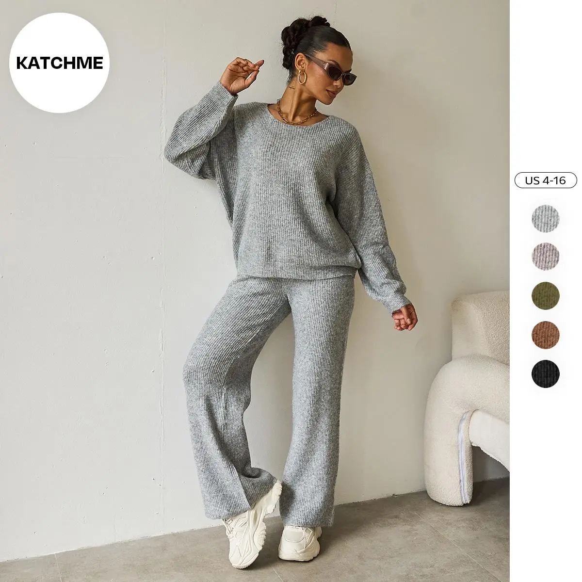 KatchMe Women's Slouchy Solid Color Scoop Neck Long Sleeve Top & Wide Leg Trousers Co-ord, Lady Casual Loose Two-Piece Outfits, Comfy Womenswear (CN)
