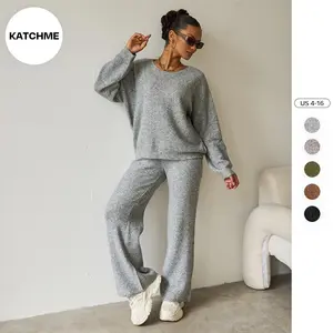 KatchMe Women's Slouchy Solid Color Scoop Neck Long Sleeve Top & Wide Leg Trousers Co-ord, Lady Casual Loose Two-Piece Outfits, Comfy Womenswear (CN)