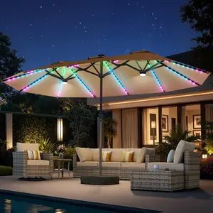 【Monochrome Lighted Umbrella】XIZZI 15FT Large Patio Umbrellas with Base Included, Outdoor Double-Sided Rectangle Market Umbrella with Crank Handle, for Pool Lawn Garden outdoorfun