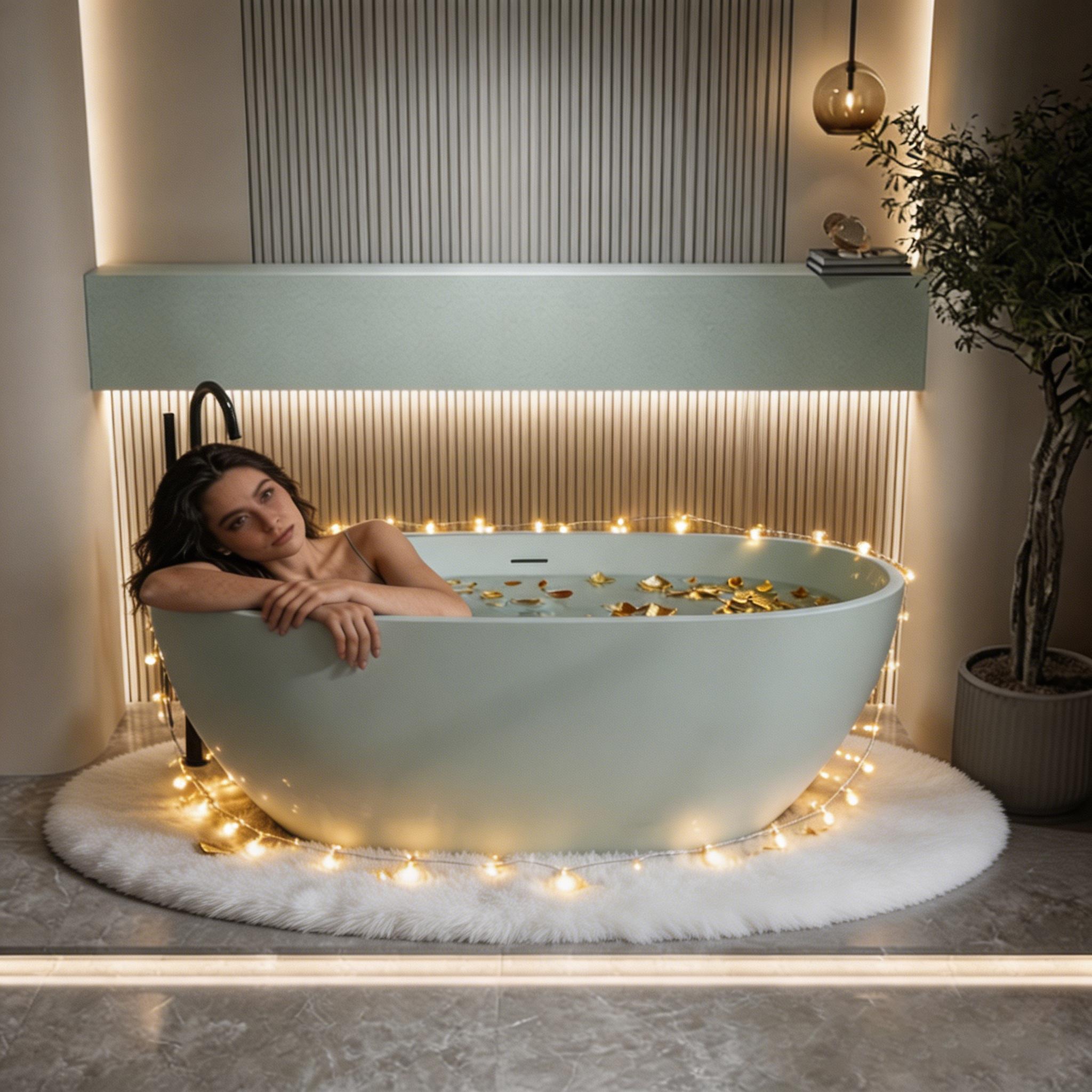 55' Freestanding Bathtub Resin Stone Soaking Bathtub Solid Surface Modern Tubs with Overflow and Pop-up Drain