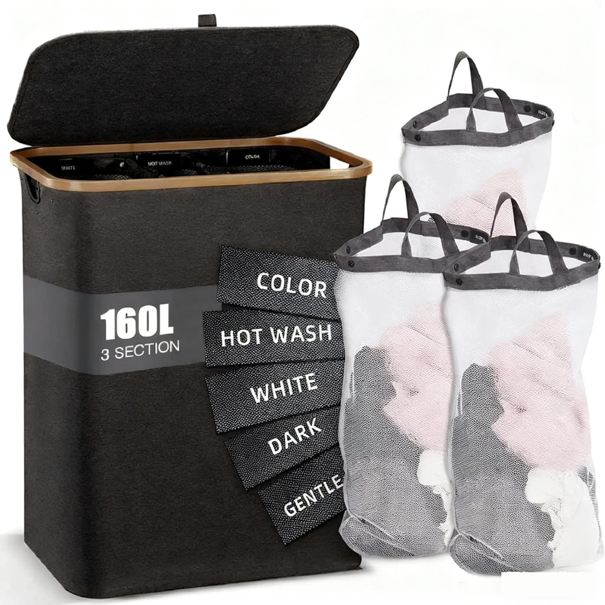 160L High-Capacity Sturdy Foldable Premium Bamboo Laundry Hamper with 3 Breathable Mesh Bags, Laundry Room Organizer, Dirty Clothes Storage for Bedroom Family of 3-5, 3 Sections