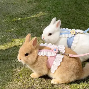 Cute Rabbit Harness Leash Escape Proof Soft Breathable Mesh Bunny Walking Vest Adjustable Anti-Choke Pet Chest Strap Outdoor Walking Supplies Pink Blue