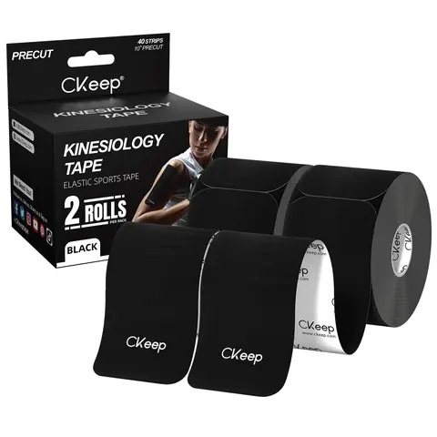 Ckeep Precut Kinesiology Tape, 2 Rolls - Original Cotton, Latex-Free tapes for Knee, Shoulder Pain, Injuries & Sprains (Black)