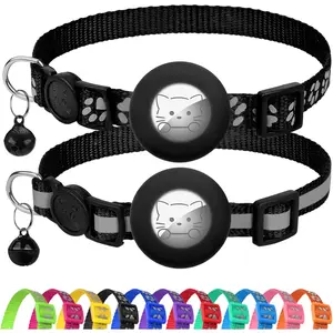Reflective AirTag Cat Collar, Breakaway Buckle, 2 Pack Lightweight AirTag Holder Pet Collars with Bell, Adjustable 7.5-12.5 Inch for Girl Boy Cats Kitten Puppy, Black